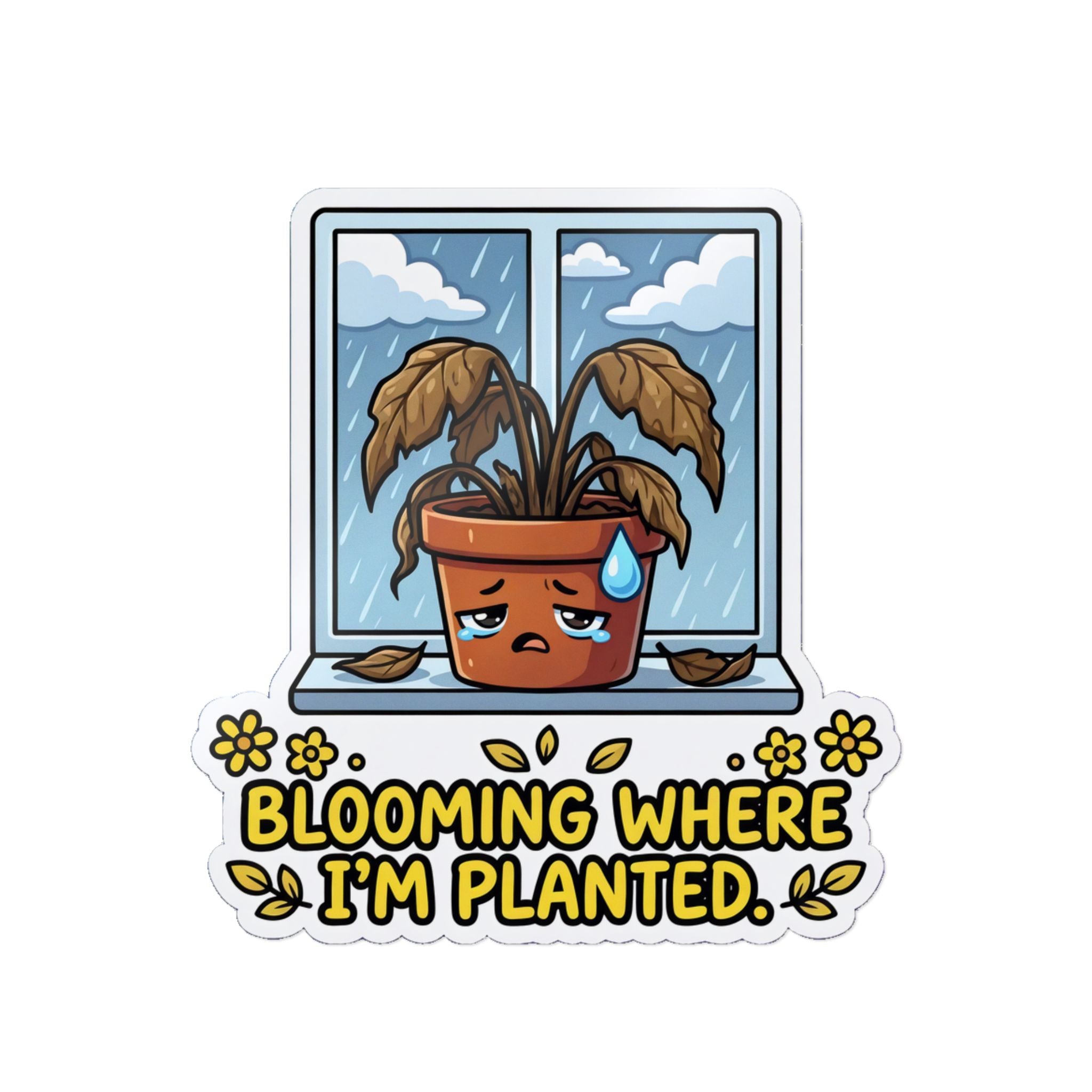 BLOOMING WHERE I'M PLANTED. — Dead Plant Die-Cut Sticker · Office Humor