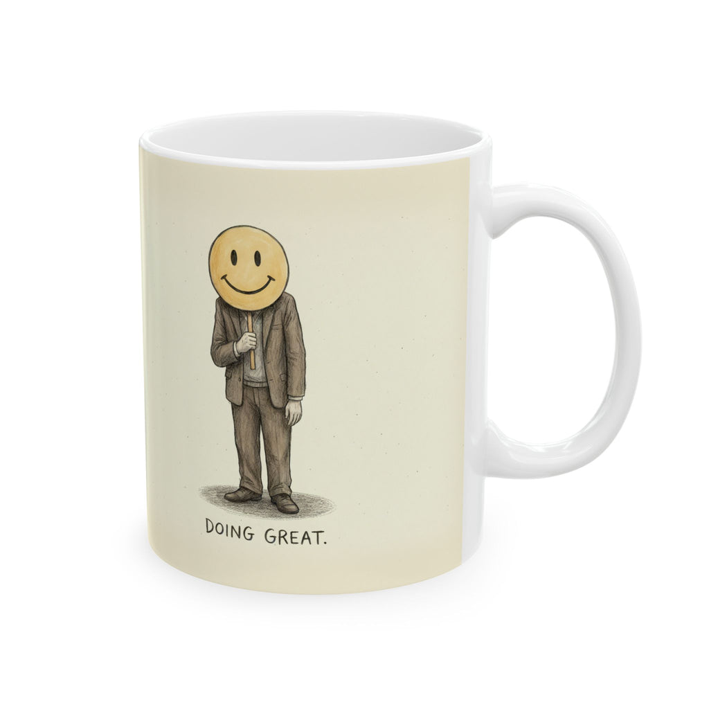 Doing Great Ceramic Coffee Mug — Deadpan Fake-Smile Office Burnout Mug (11oz, 15oz)
