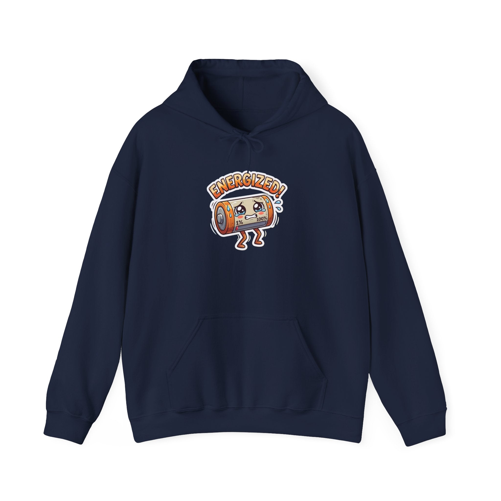 ENERGIZED! — Drained Battery Hoodie · Funny Office Humor Sweatshirt