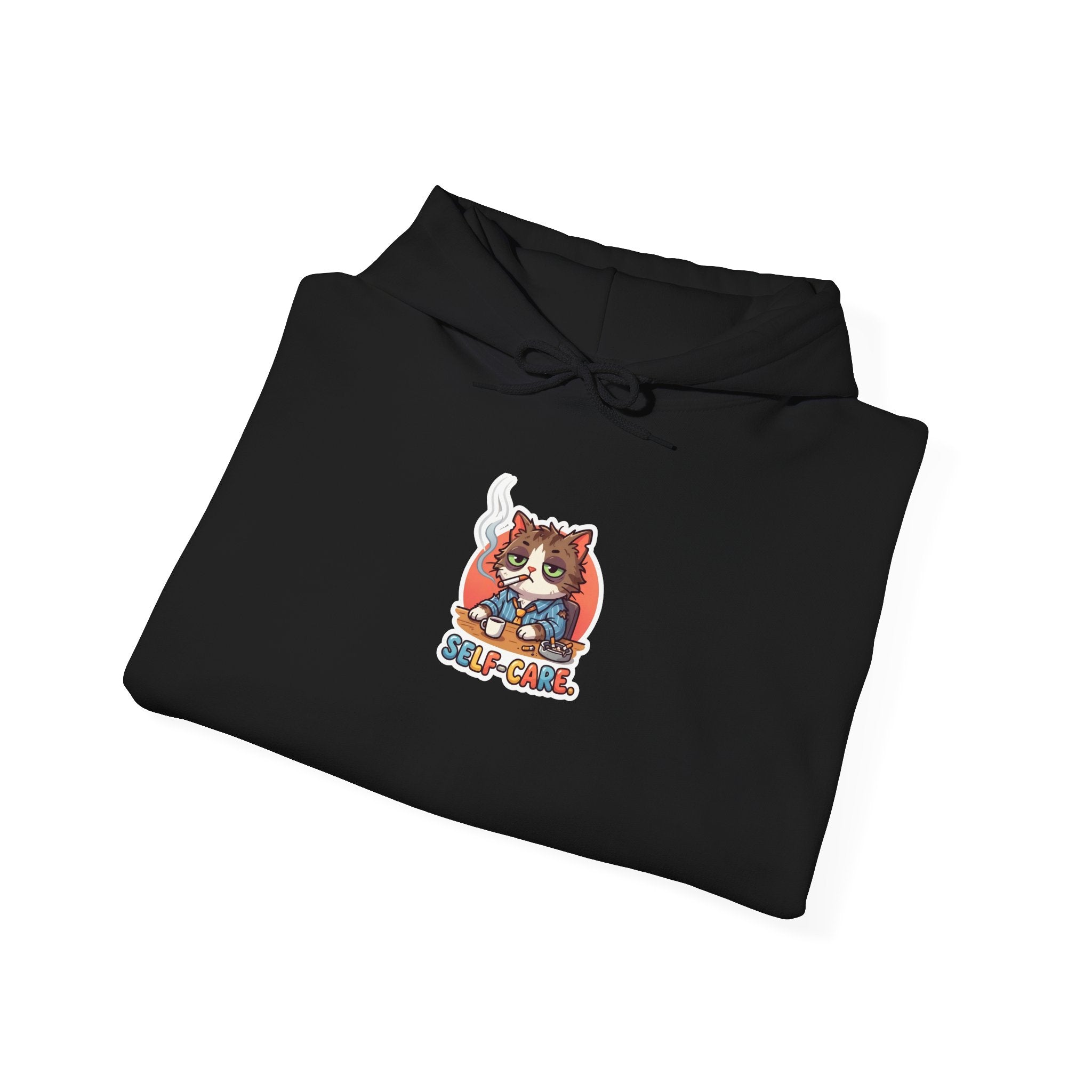 SELF-CARE. — Wrecked Cat Hoodie · Funny Office Humor Sweatshirt